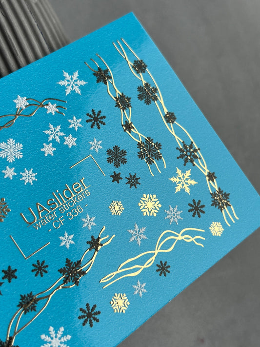 UA Slider 2D Nail Decal CF-336 Water Slide Nail Decals Snowflakes and Festive Lines in Gold, Black and White