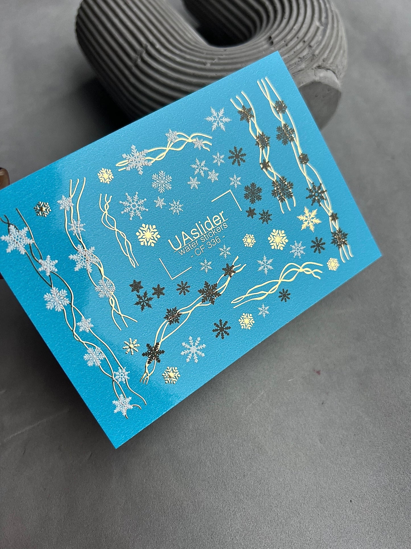 UA Slider 2D Nail Decal CF-336 Water Slide Nail Decals Snowflakes and Festive Lines in Gold, Black and White