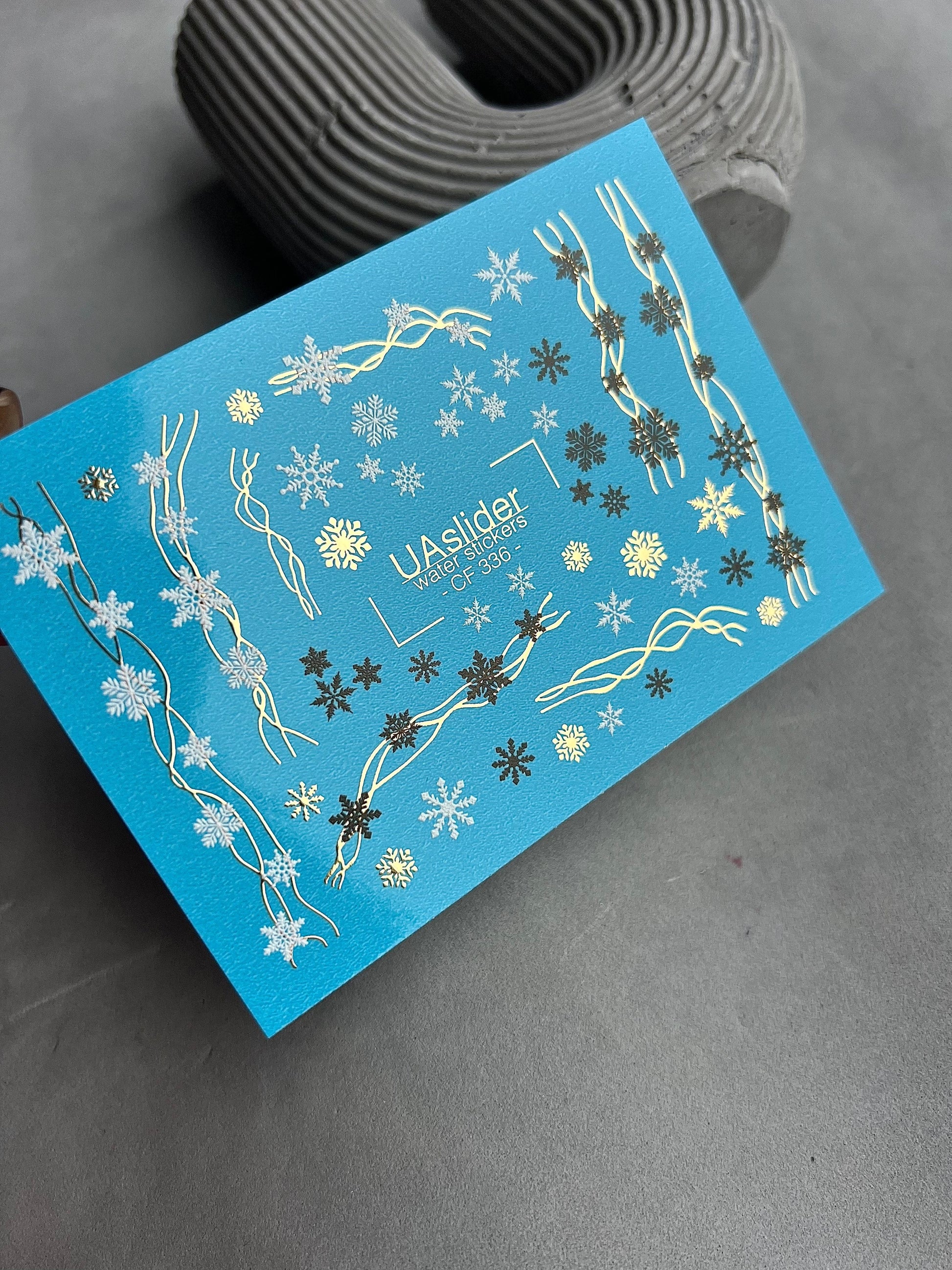 UA Slider 2D Nail Decal CF-336 Water Slide Nail Decals Snowflakes and Festive Lines in Gold, Black and White