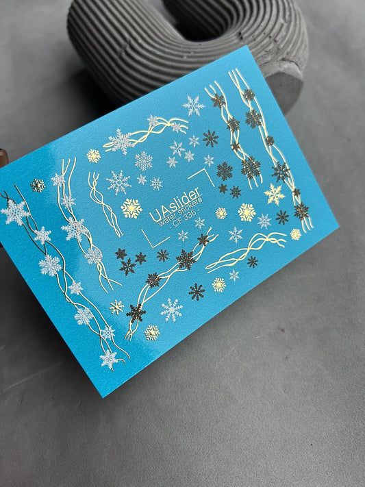 UA Slider 2D Nail Decal CF-336 Water Slide Nail Decals Snowflakes and Festive Lines in Gold, Black and White
