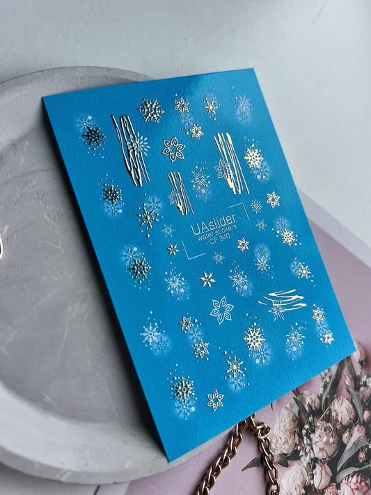 UA Slider 2D Nail Decal CF-340 Gold Snowflakes and Abstract Winter Lines Water­slide Nail Decals