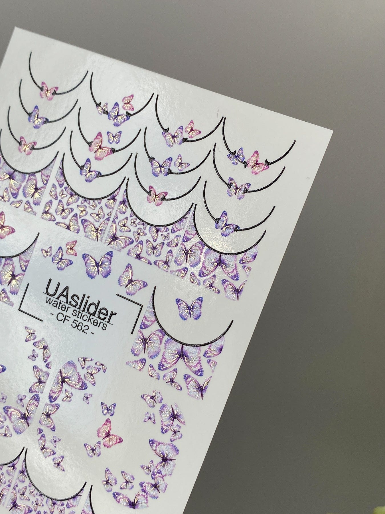 UASlider 2D Nail Decal CF-562 Purple Butterfly French Tip Nail Water Decals - Holographic Butterfly Nail Art