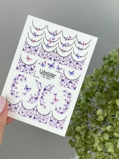 UASlider 2D Nail Decal CF-562 Purple Butterfly French Tip Nail Water Decals - Holographic Butterfly Nail Art