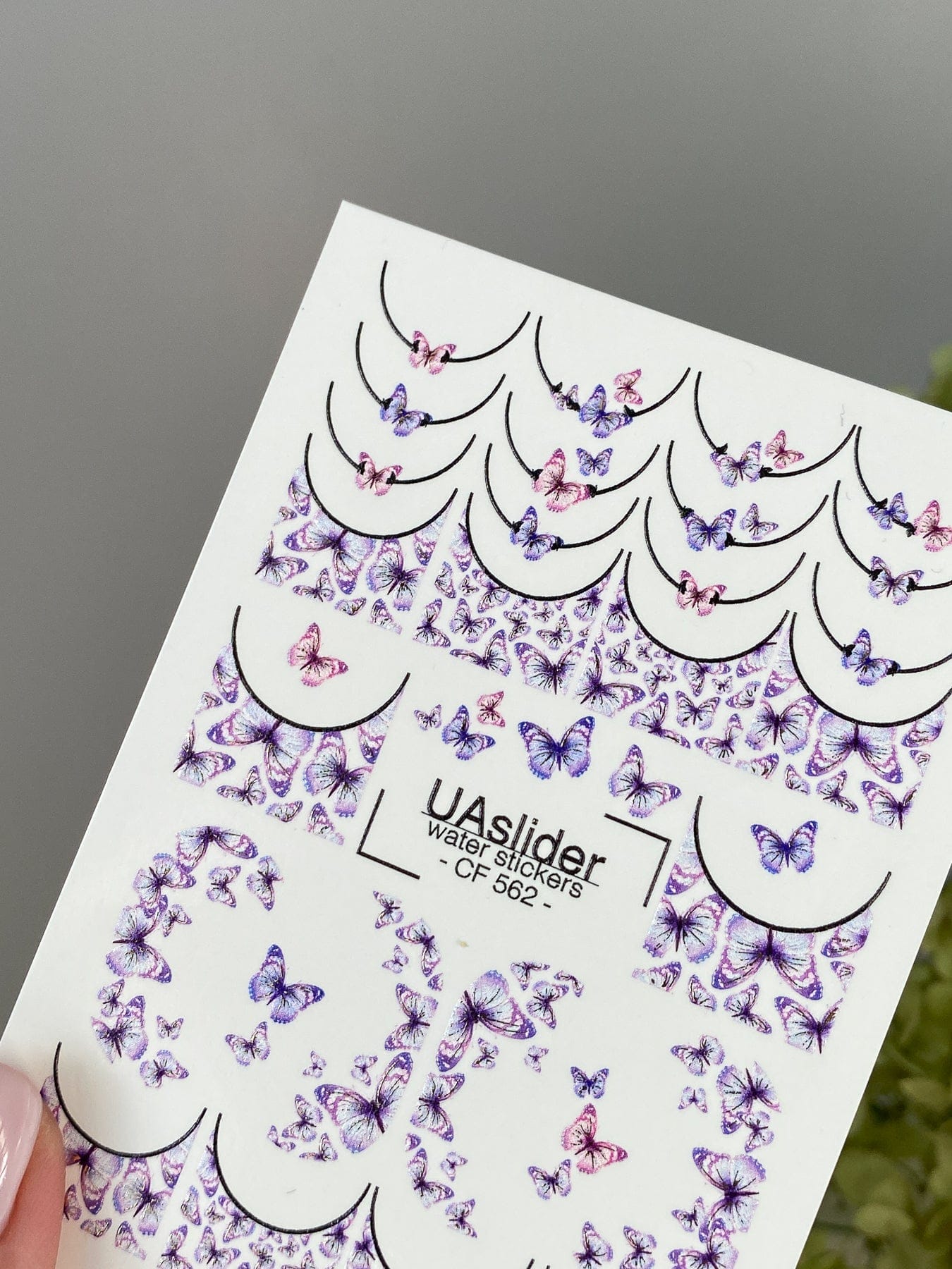 UASlider 2D Nail Decal CF-562 Purple Butterfly French Tip Nail Water Decals - Holographic Butterfly Nail Art