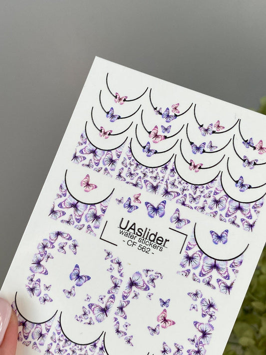 UASlider 2D Nail Decal CF-562 Purple Butterfly French Tip Nail Water Decals - Holographic Butterfly Nail Art