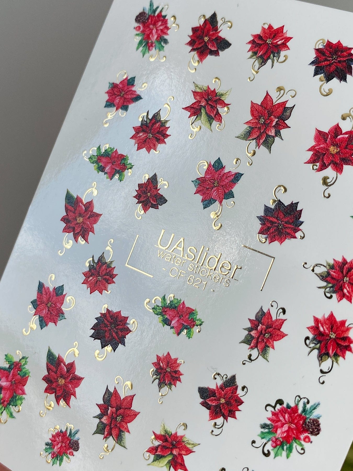 UA Slider 2D Nail Decal CF-621 Water Slide Nail Decals Red Poinsettias with Gold Accents