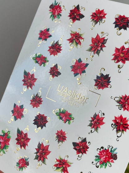 UA Slider 2D Nail Decal CF-621 Water Slide Nail Decals Red Poinsettias with Gold Accents