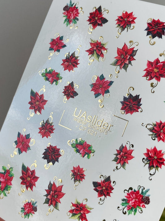 UA Slider 2D Nail Decal CF-621 Water Slide Nail Decals Red Poinsettias with Gold Accents
