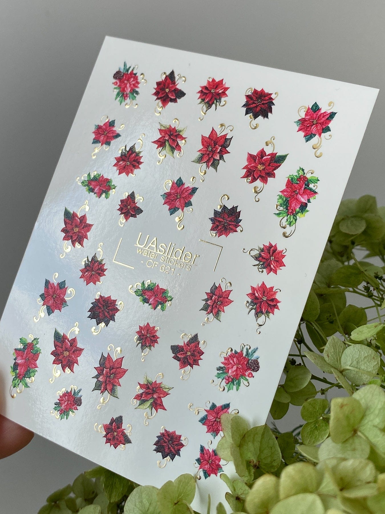 UA Slider 2D Nail Decal CF-621 Water Slide Nail Decals Red Poinsettias with Gold Accents