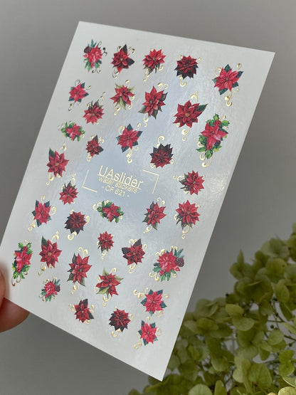 UA Slider 2D Nail Decal CF-621 Water Slide Nail Decals Red Poinsettias with Gold Accents