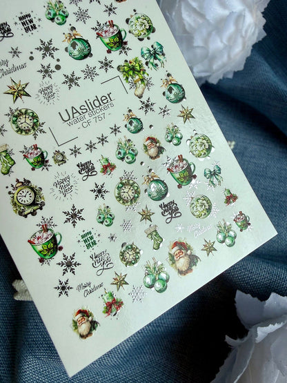 UA Slider 2D Nail Decal CF-757 Christmas Green Ornaments and Silver Snowflakes, Santa Water Decals