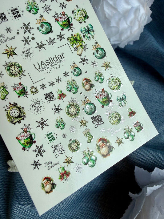 UA Slider 2D Nail Decal CF-757 Christmas Green Ornaments and Silver Snowflakes, Santa Water Decals