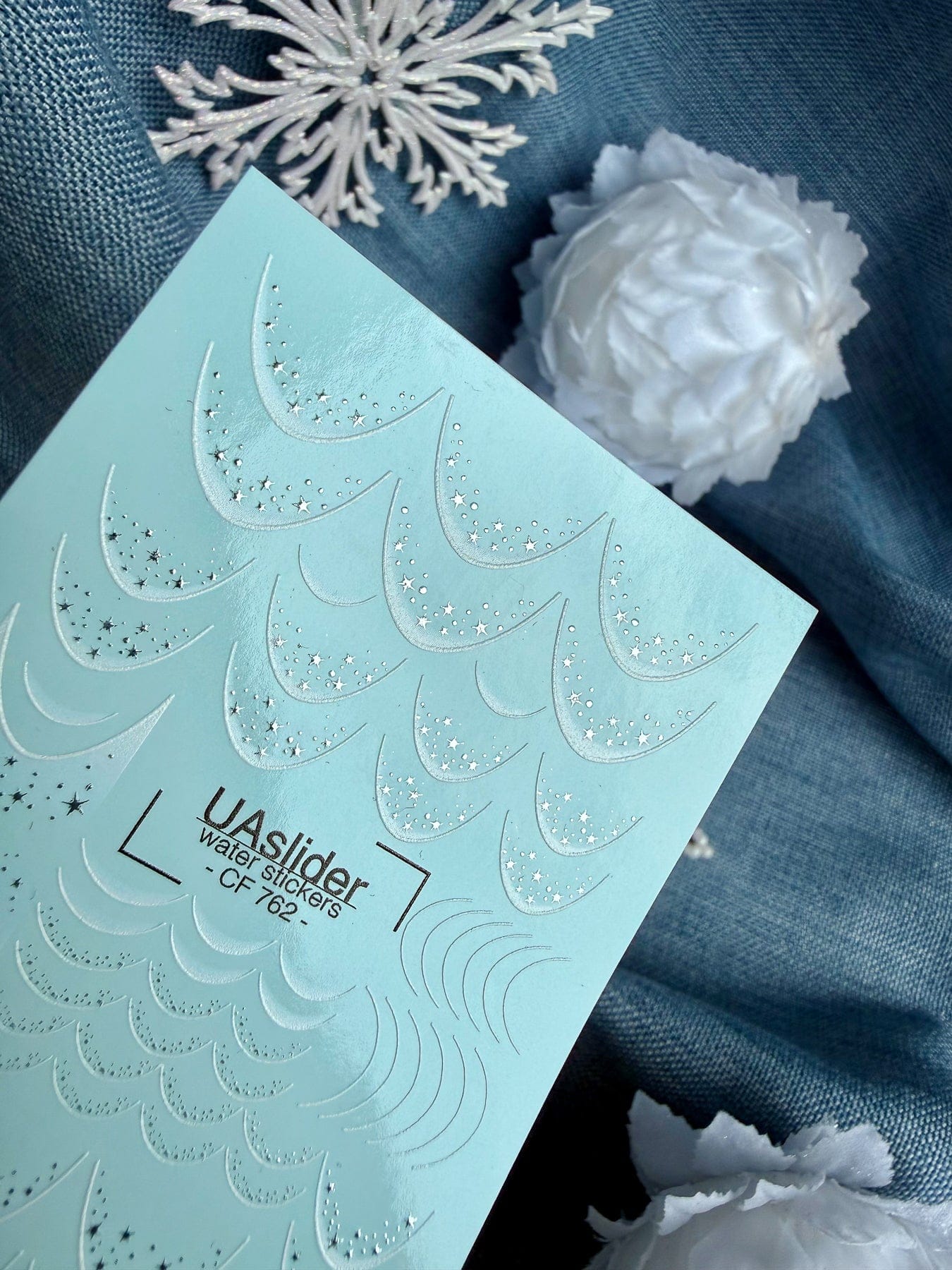 UA Slider 2D Nail Decal CF-762 Silver Stars French Garland Nail Water Decals