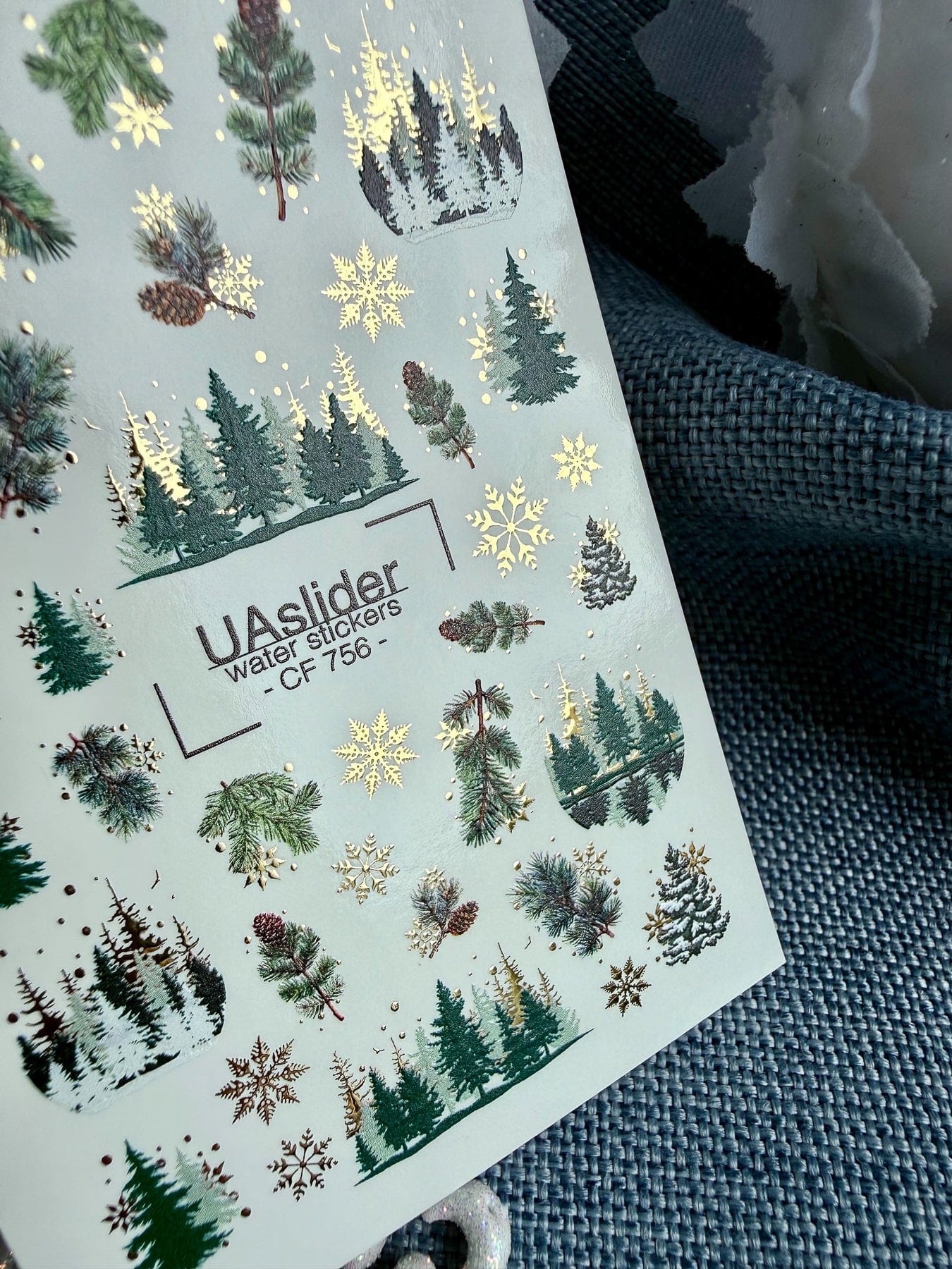 UA Slider 2D Nail Decal CF-756 Winter Pine Trees & Gold Snowflake Nail Decals