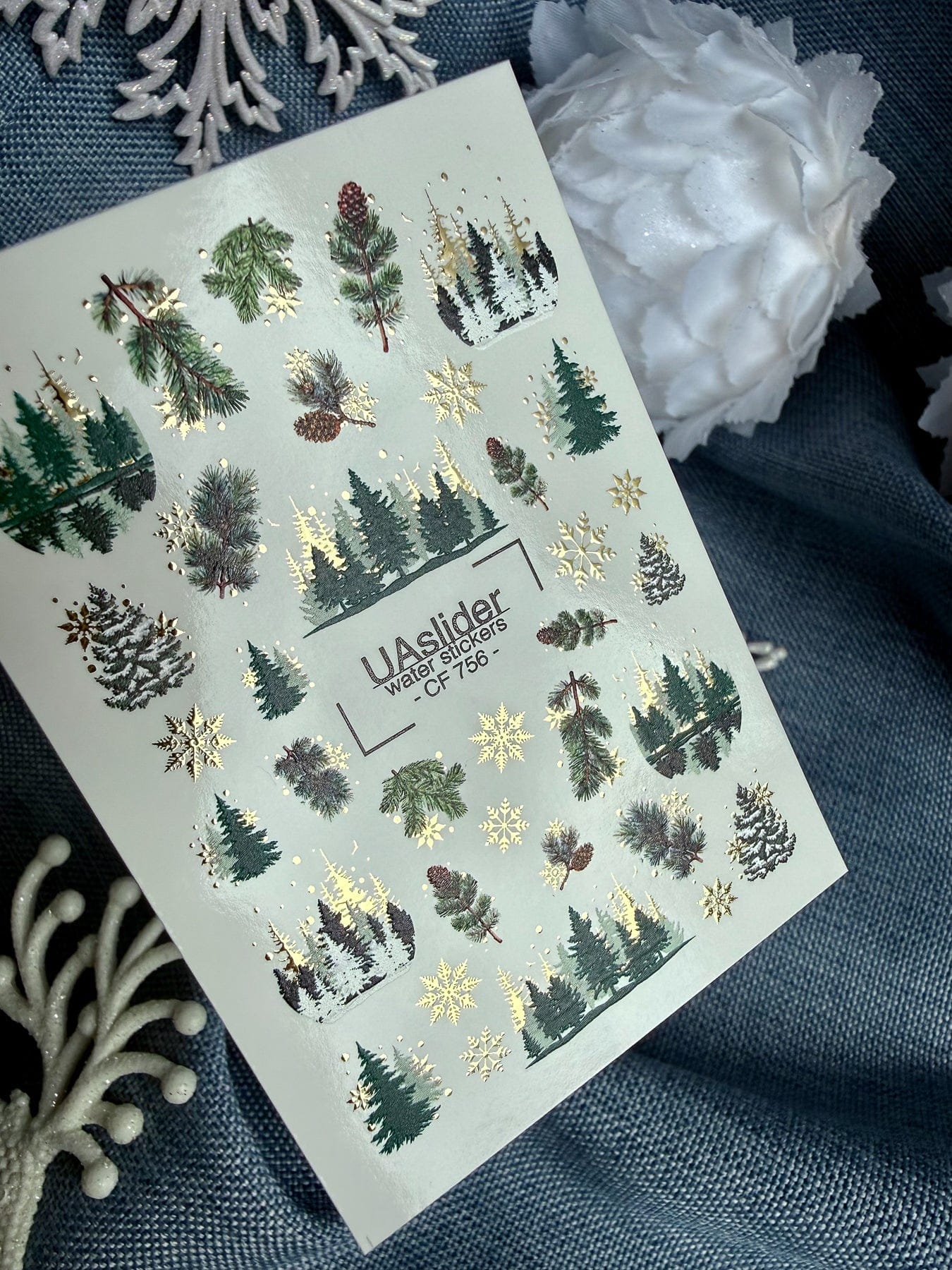 UA Slider 2D Nail Decal CF-756 Winter Pine Trees & Gold Snowflake Nail Decals