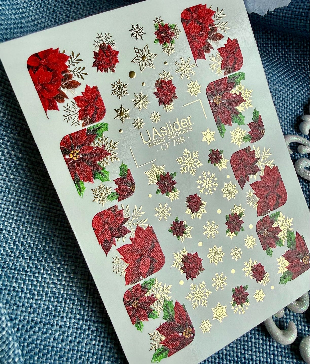UA Slider 2D Nail Decal CF-758 Poinsettia & Gold Snowflake Water Slide Nail Decals