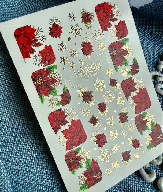 UA Slider 2D Nail Decal CF-758 Poinsettia & Gold Snowflake Water Slide Nail Decals
