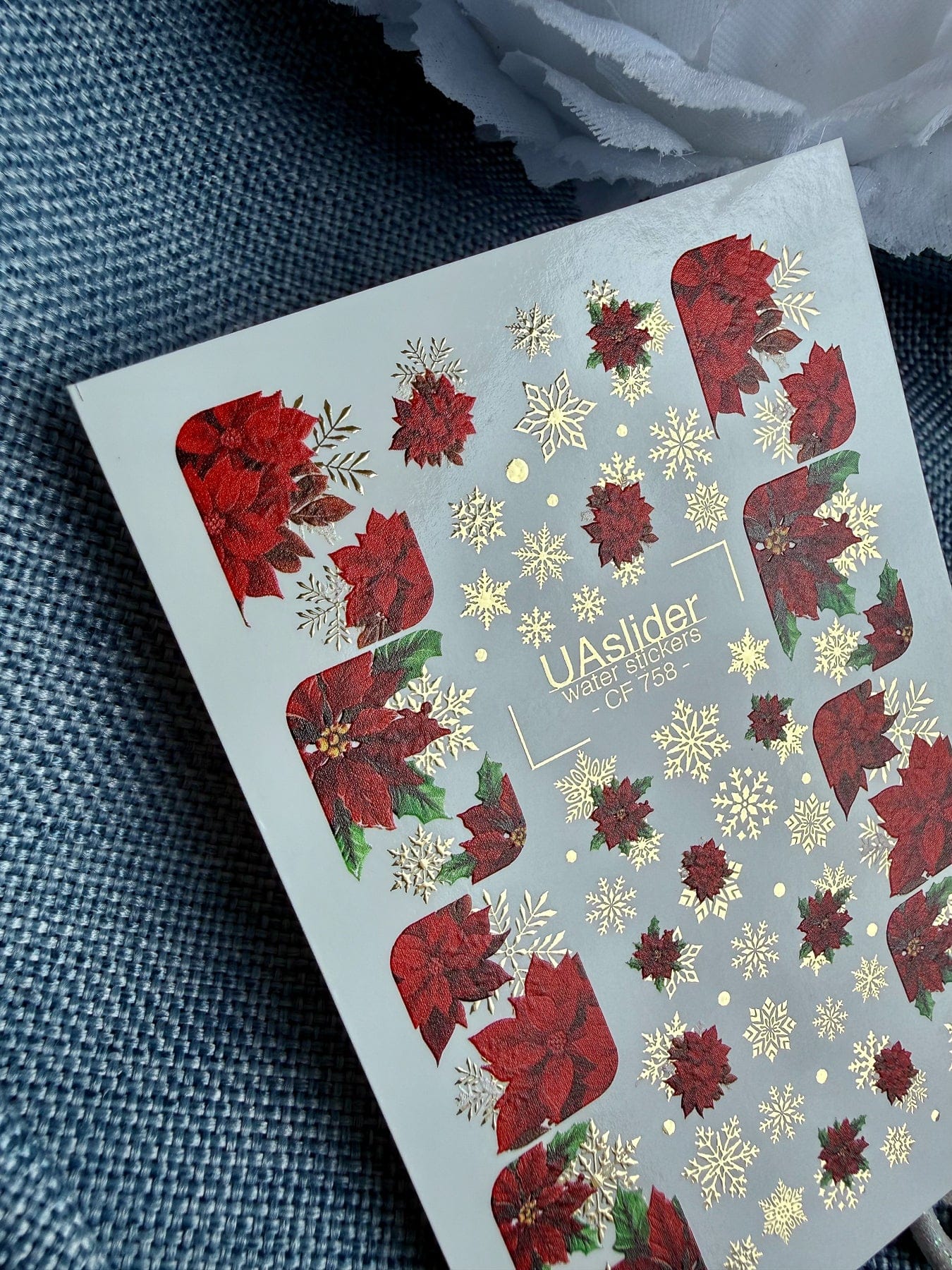 UA Slider 2D Nail Decal CF-758 Poinsettia & Gold Snowflake Water Slide Nail Decals