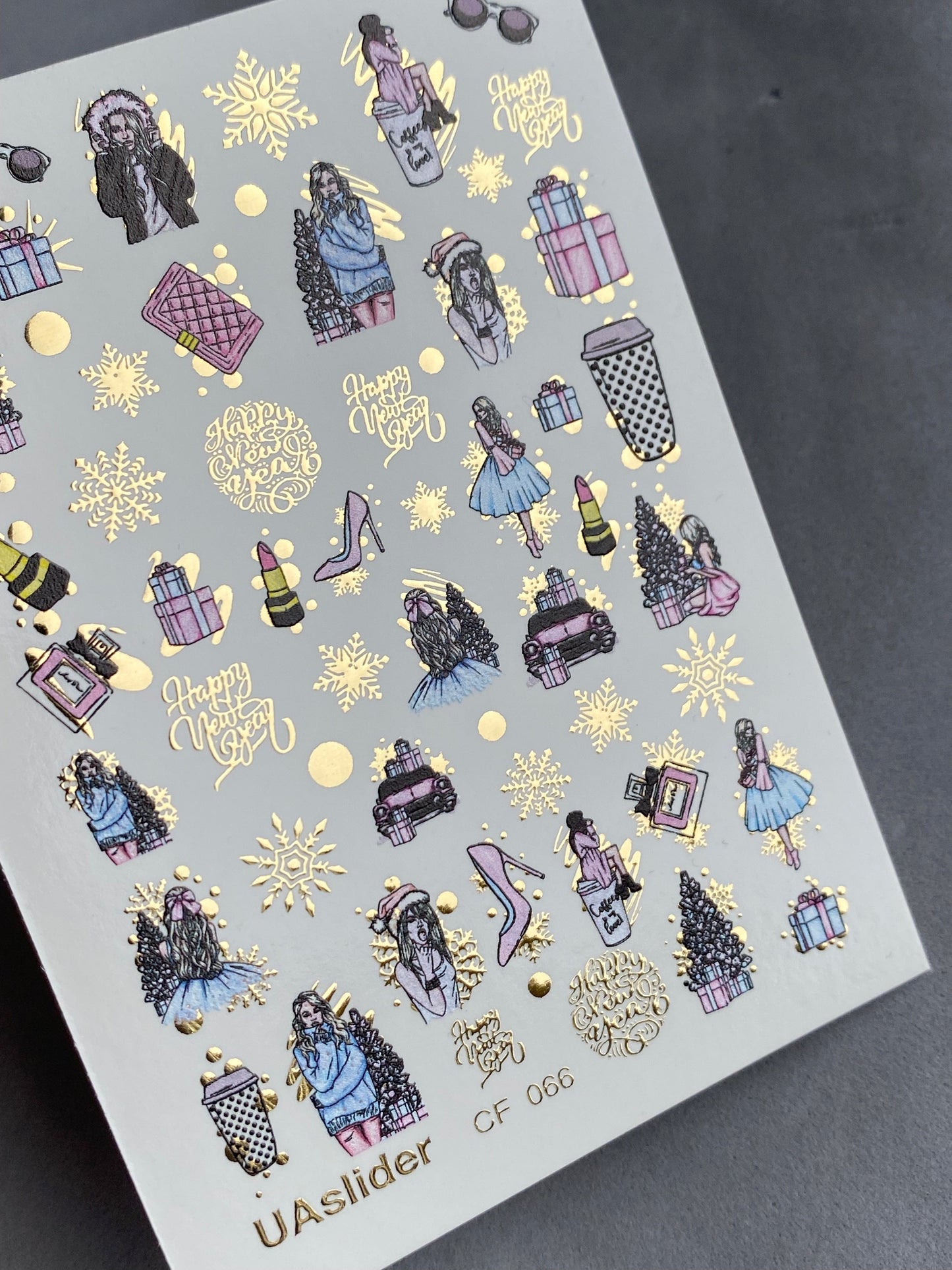 UA Slider 2D Nail Decal CF-066 New Year Fashion Nail Water Decals gifts perfume coffee cups gold snowflakes holiday nails winter nails