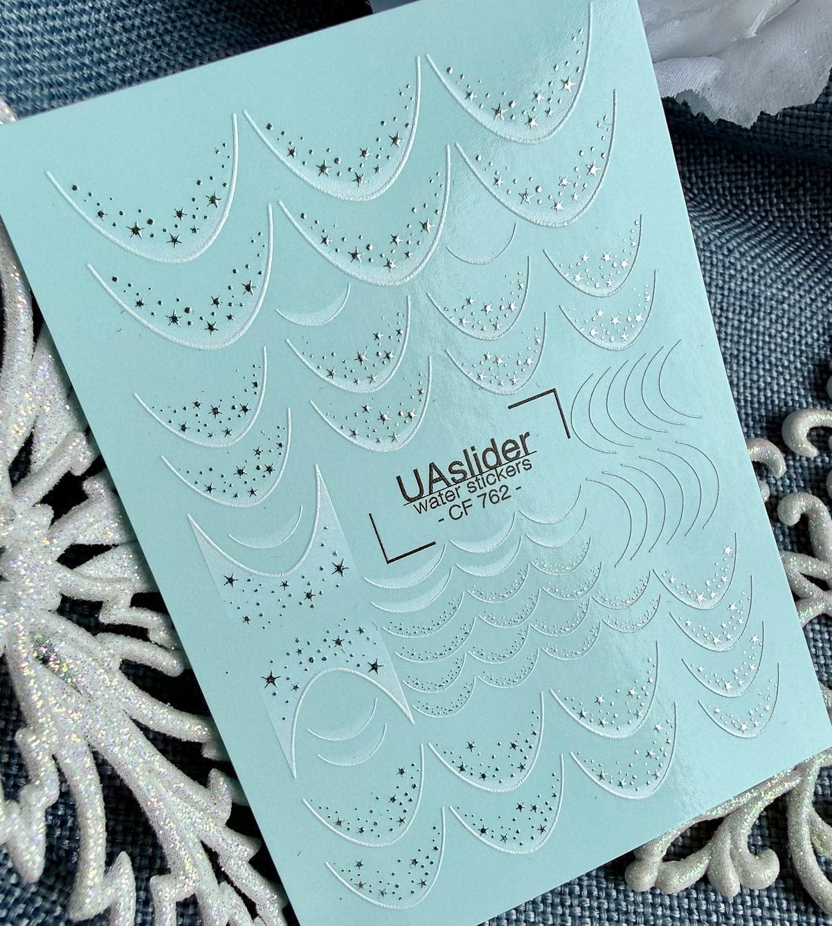 UA Slider 2D Nail Decal CF-762 Silver Stars French Garland Nail Water Decals