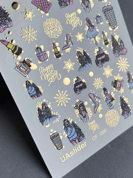 UA Slider 2D Nail Decal CF-066 New Year Fashion Nail Water Decals gifts perfume coffee cups gold snowflakes holiday nails winter nails