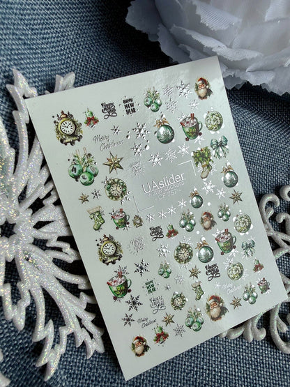 UA Slider 2D Nail Decal CF-757 Christmas Green Ornaments and Silver Snowflakes, Santa Water Decals