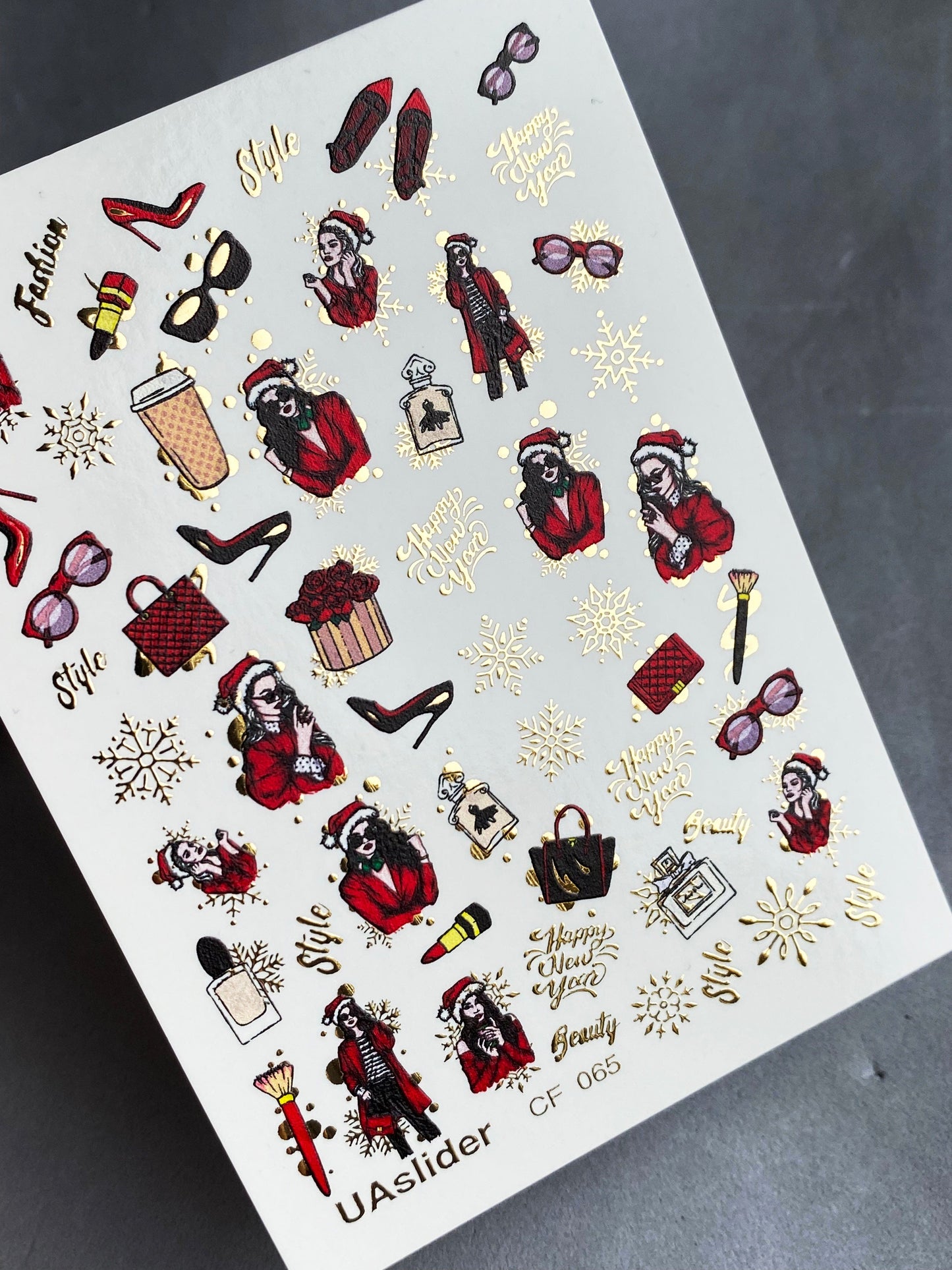 UA Slider 2D Nail Decal CF-065 Water Slide Nail Decals Retro Holiday Fashion Girls Santa Gifts Gold Snowflakes