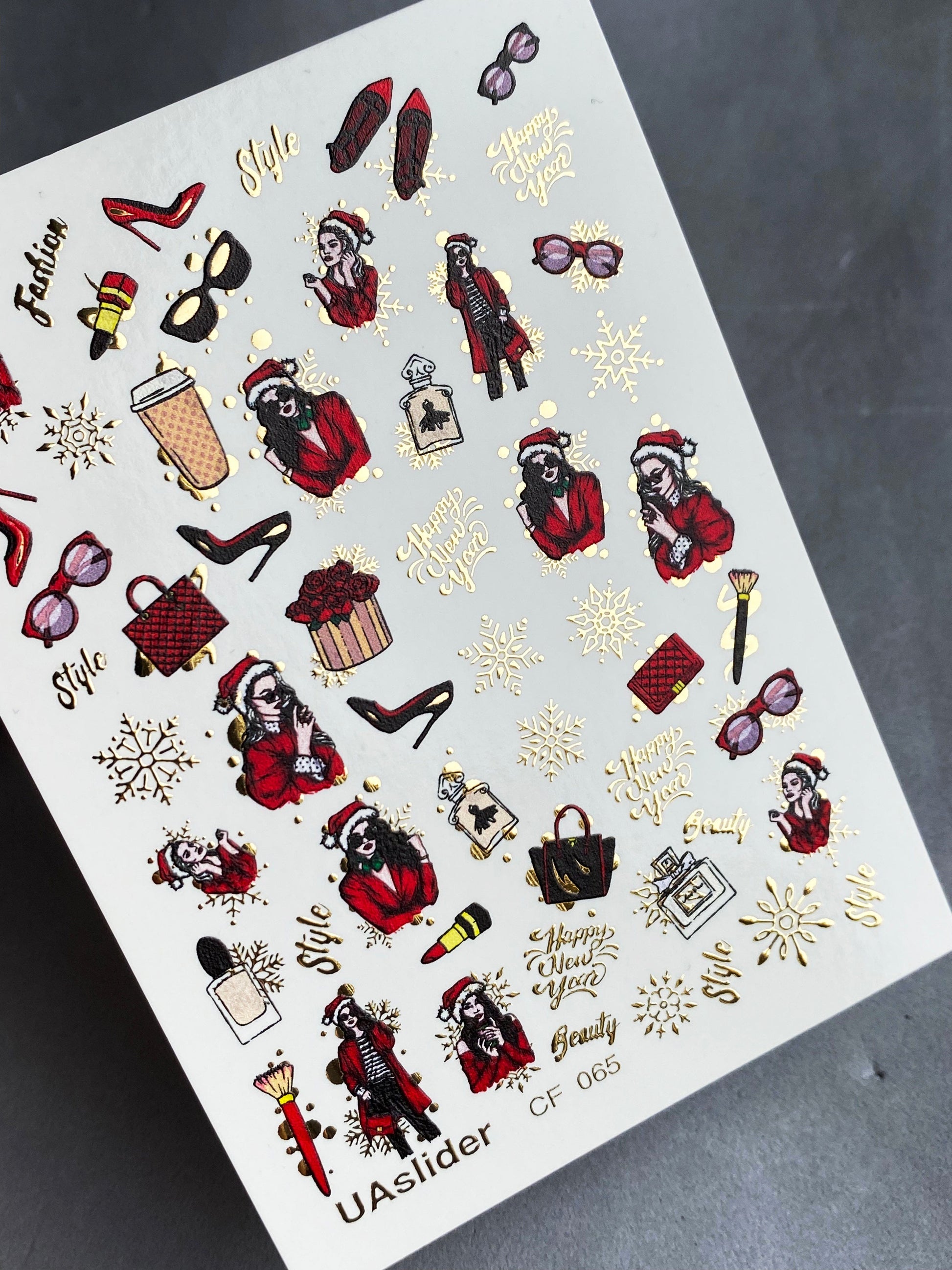 UA Slider 2D Nail Decal CF-065 Water Slide Nail Decals Retro Holiday Fashion Girls Santa Gifts Gold Snowflakes