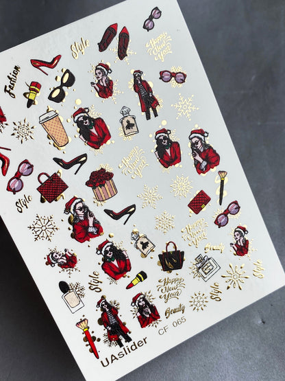 UA Slider 2D Nail Decal CF-065 Water Slide Nail Decals Retro Holiday Fashion Girls Santa Gifts Gold Snowflakes