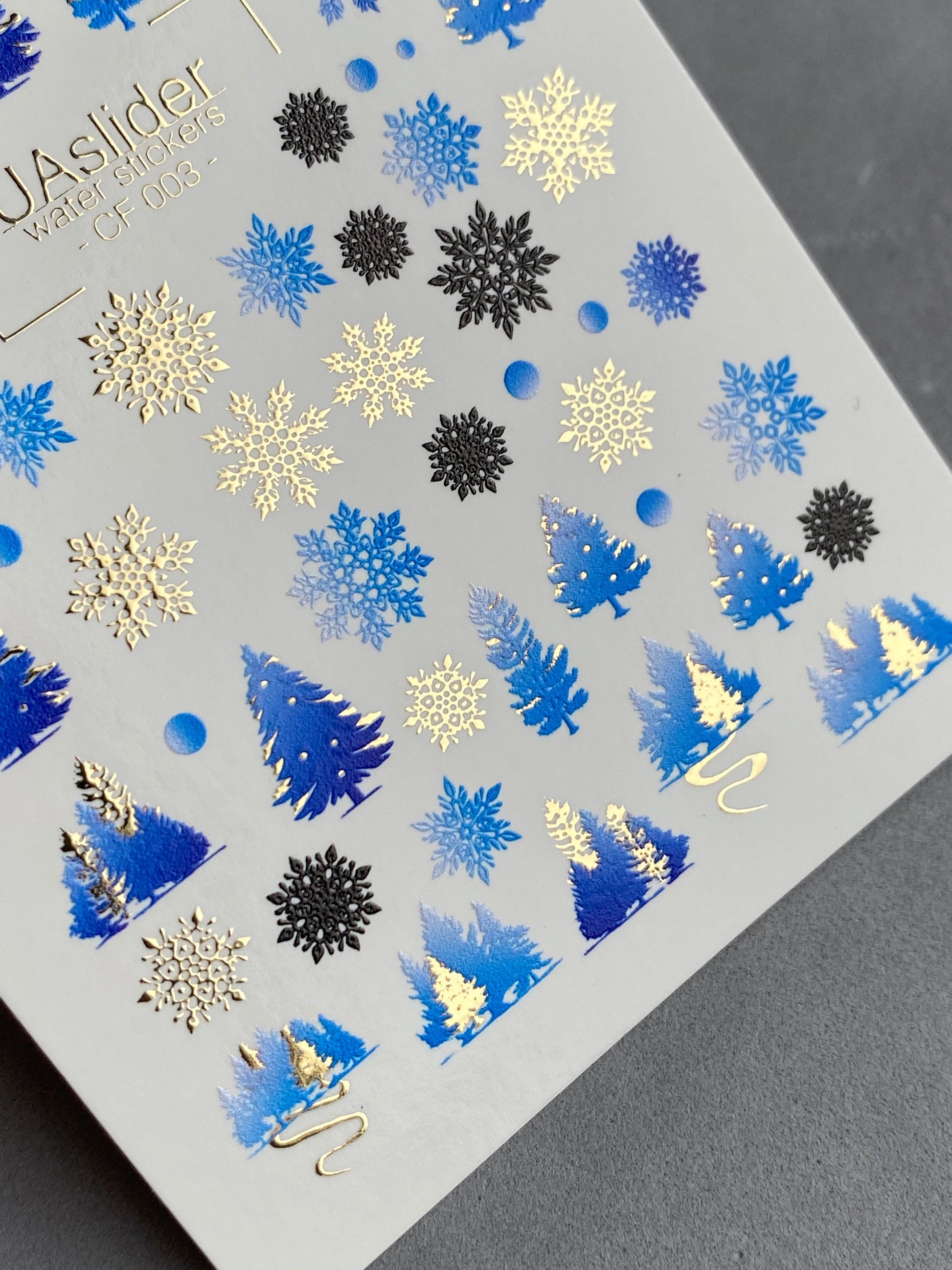 UA Slider 2D Nail Decal CF-003 Nail Water Decal Gold FOIL/ Blue Christmas Tree/ Snowflakes/ Elegant/ Christmas Nails / Xmas Nails/