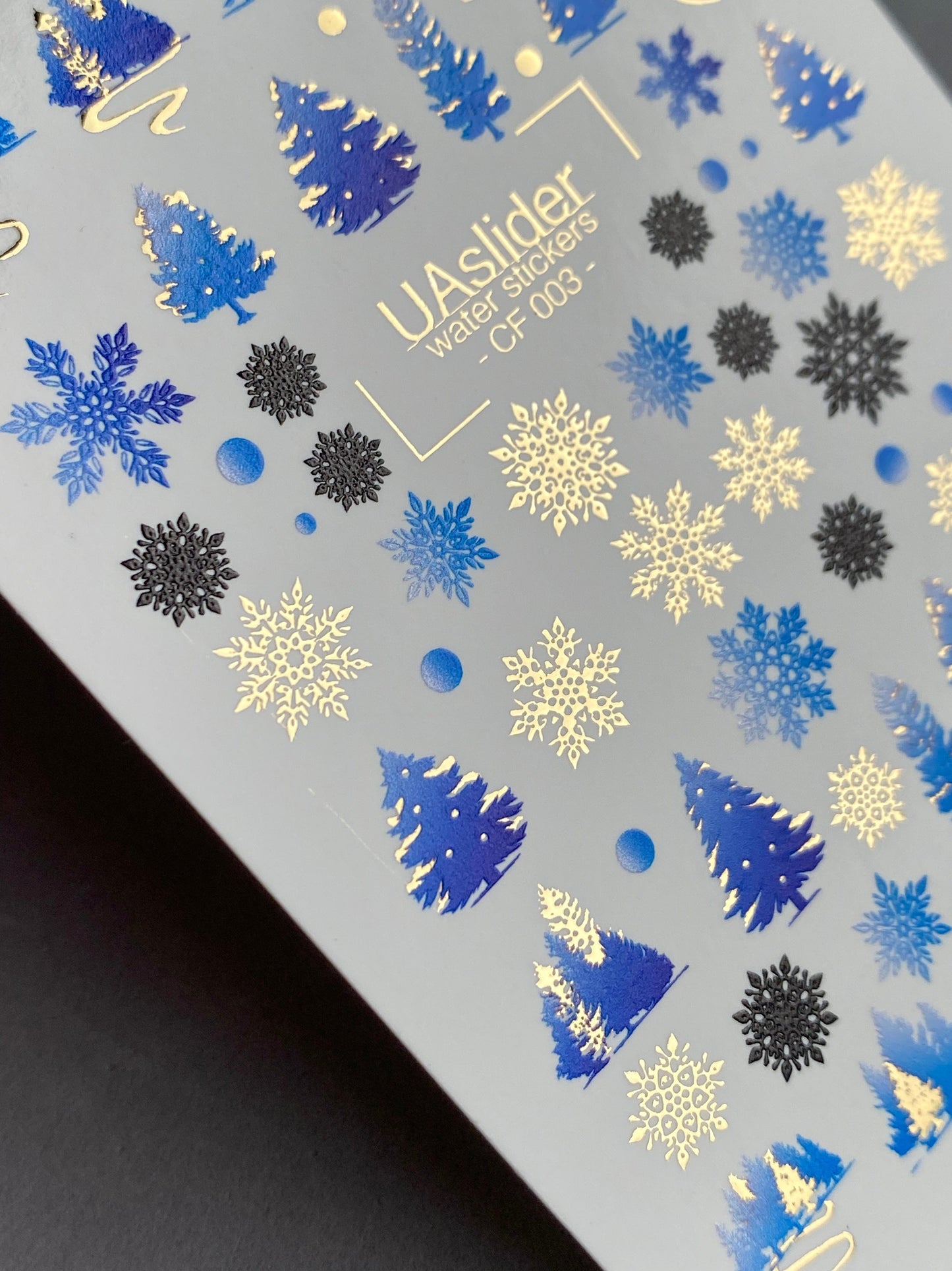 UA Slider 2D Nail Decal CF-003 Nail Water Decal Gold FOIL/ Blue Christmas Tree/ Snowflakes/ Elegant/ Christmas Nails / Xmas Nails/