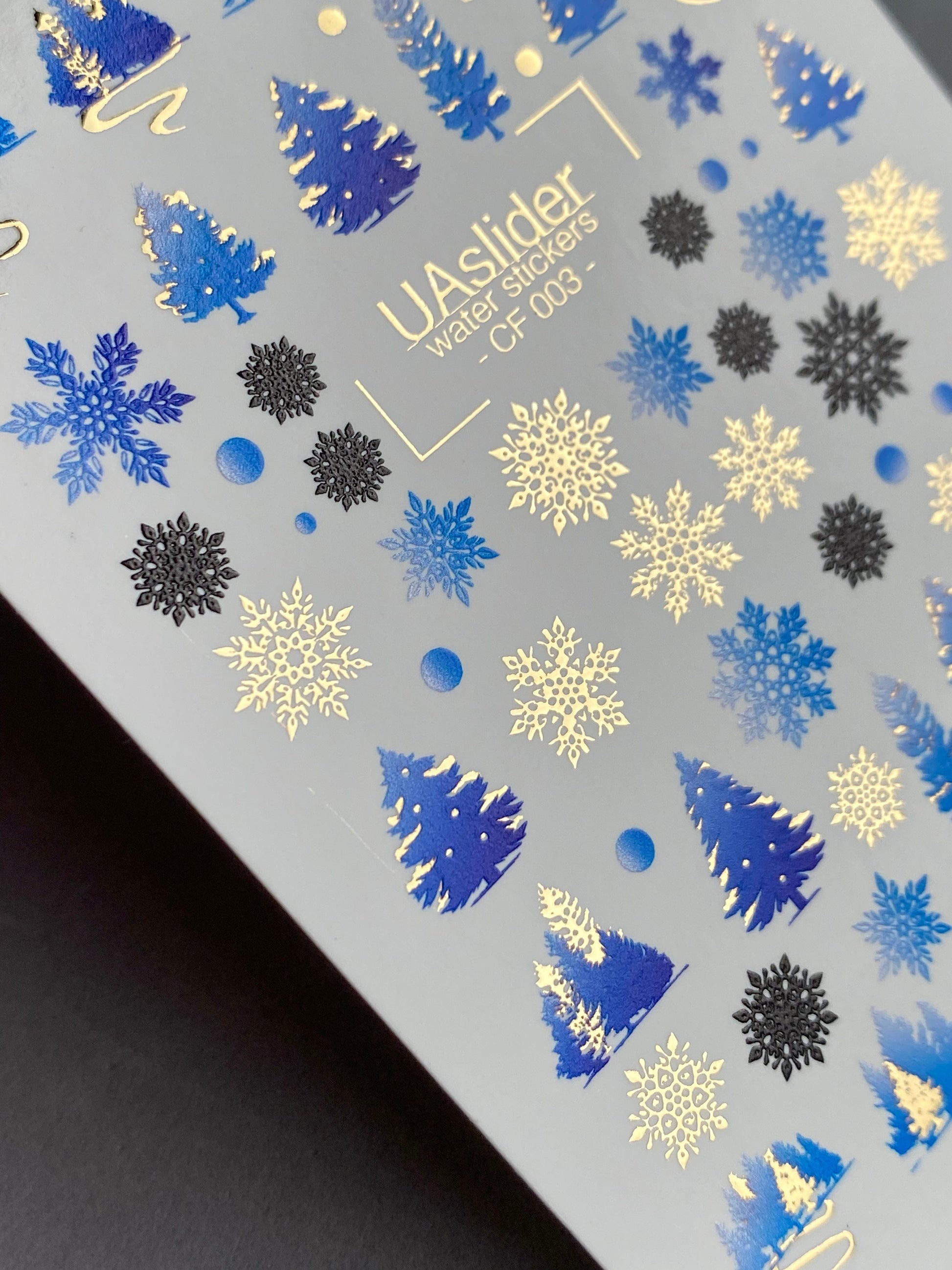 UA Slider 2D Nail Decal CF-003 Nail Water Decal Gold FOIL/ Blue Christmas Tree/ Snowflakes/ Elegant/ Christmas Nails / Xmas Nails/