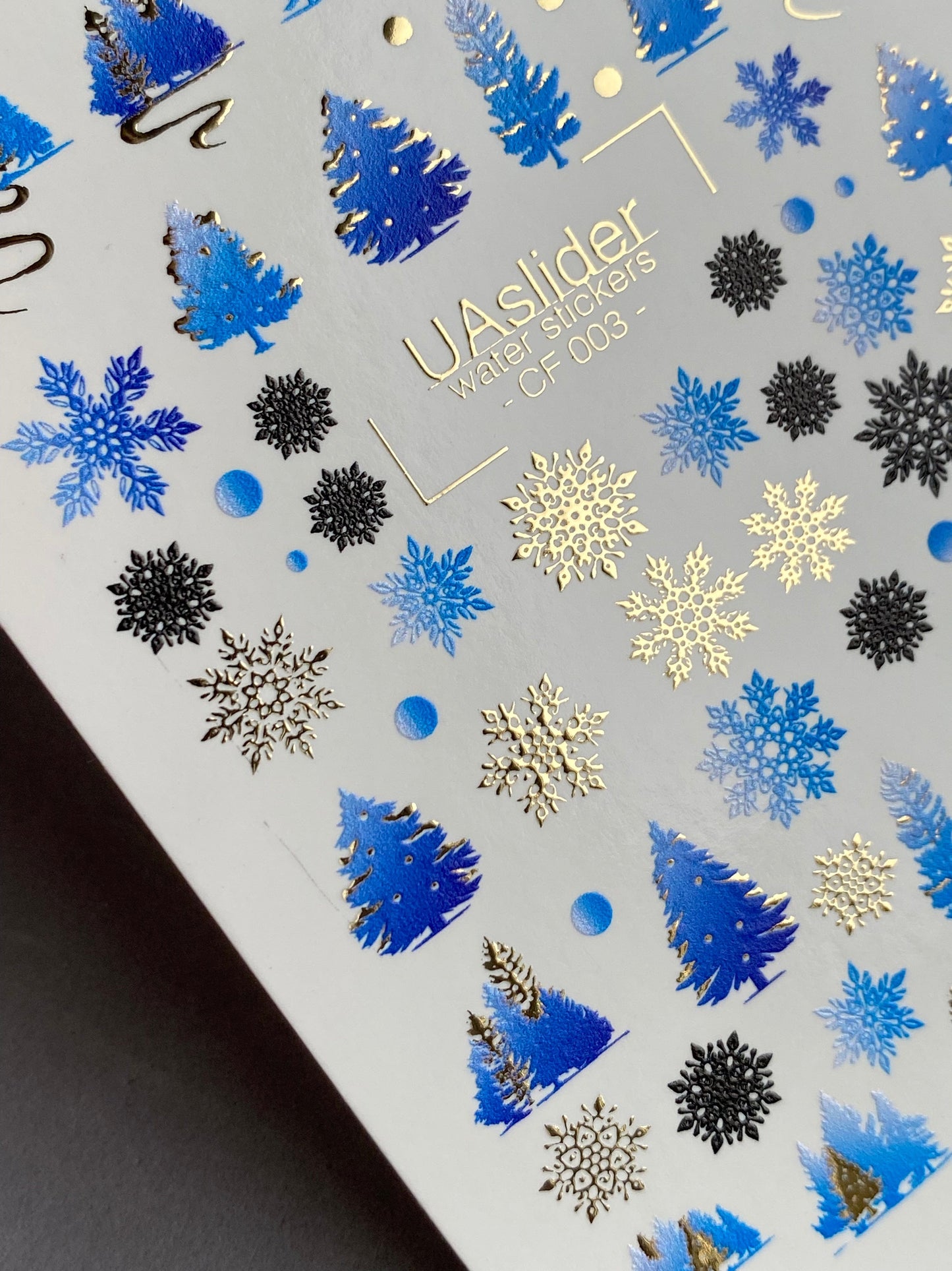 UA Slider 2D Nail Decal CF-003 Nail Water Decal Gold FOIL/ Blue Christmas Tree/ Snowflakes/ Elegant/ Christmas Nails / Xmas Nails/