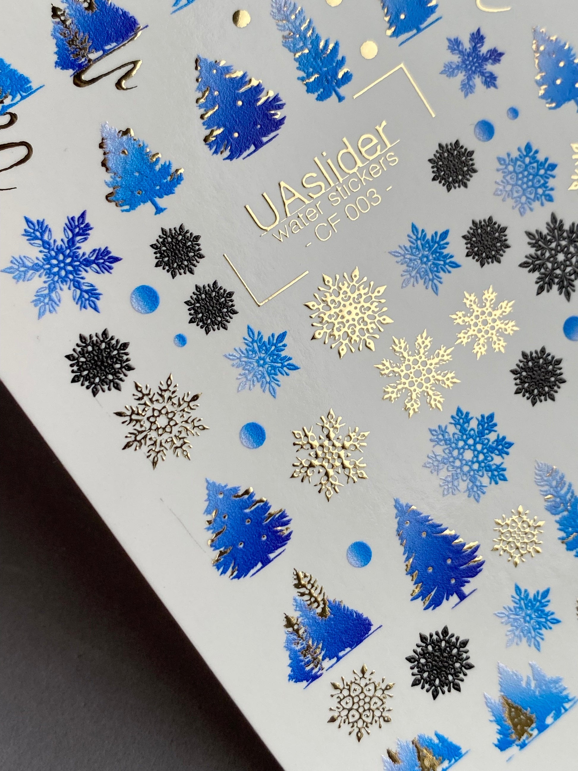 UA Slider 2D Nail Decal CF-003 Nail Water Decal Gold FOIL/ Blue Christmas Tree/ Snowflakes/ Elegant/ Christmas Nails / Xmas Nails/