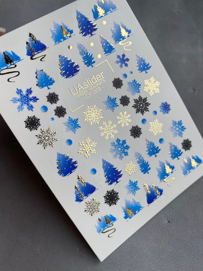 UA Slider 2D Nail Decal CF-003 Nail Water Decal Gold FOIL/ Blue Christmas Tree/ Snowflakes/ Elegant/ Christmas Nails / Xmas Nails/
