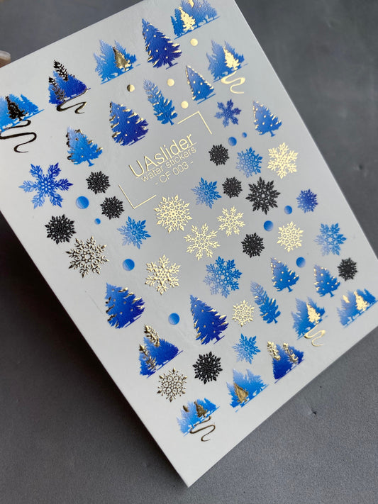 UA Slider 2D Nail Decal CF-003 Nail Water Decal Gold FOIL/ Blue Christmas Tree/ Snowflakes/ Elegant/ Christmas Nails / Xmas Nails/