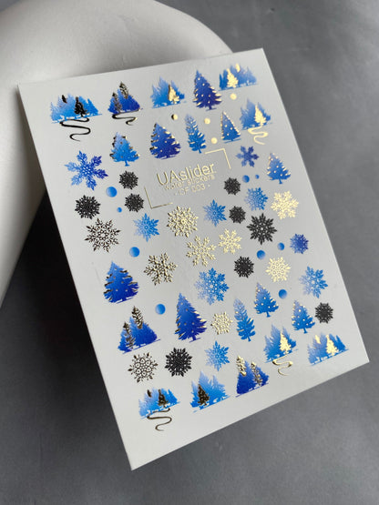 UA Slider 2D Nail Decal CF-003 Nail Water Decal Gold FOIL/ Blue Christmas Tree/ Snowflakes/ Elegant/ Christmas Nails / Xmas Nails/