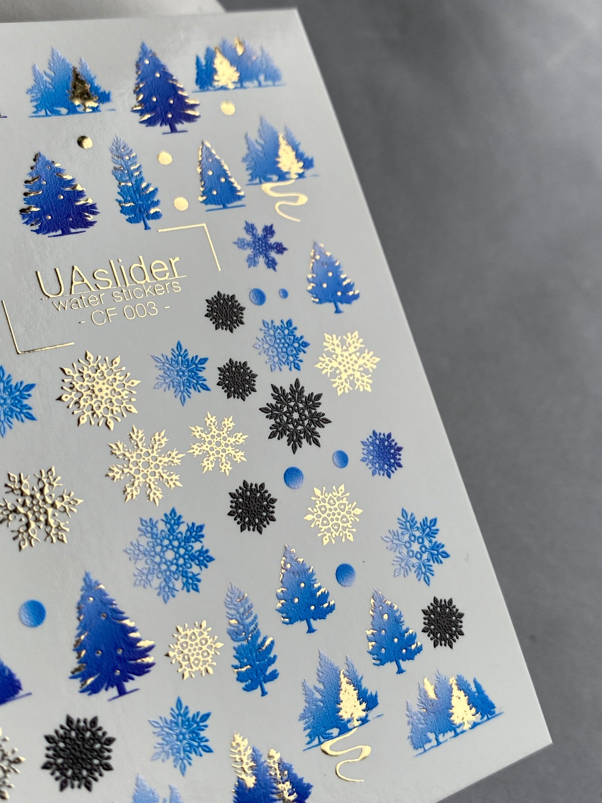 UA Slider 2D Nail Decal CF-003 Nail Water Decal Gold FOIL/ Blue Christmas Tree/ Snowflakes/ Elegant/ Christmas Nails / Xmas Nails/