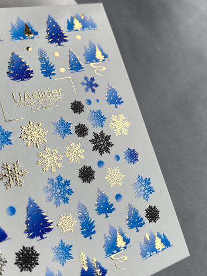 UA Slider 2D Nail Decal CF-003 Nail Water Decal Gold FOIL/ Blue Christmas Tree/ Snowflakes/ Elegant/ Christmas Nails / Xmas Nails/