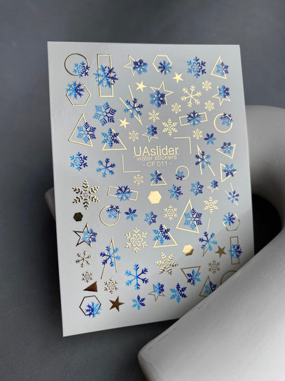 UA Slider 2D Nail Decal CF-011 Water Slide Nail Decals Blue Snowflakes with Gold Foil Geometric Accents