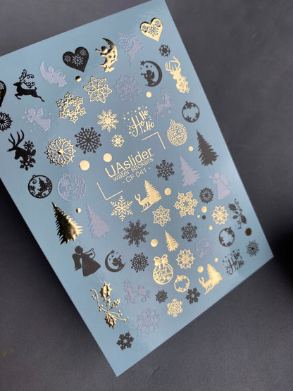 UA Slider 2D Nail Decal CF-041 Angels Reindeer Trees Snowflakes Ornaments Water Slide Nail Decals christmas nails winter nail art