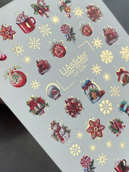 UA Slider 2D Nail Decal CF-029 Water Slide Nail Decals Ornaments Snowflakes and Christmas Candy with Gold Foil
