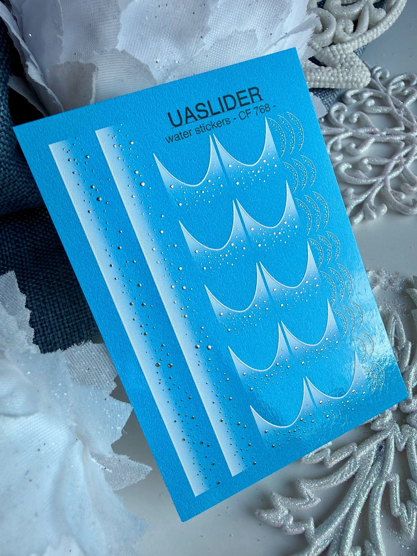 UA Slider 2D Nail Decal CF-786 White Snow Silver Dots French Winter Nail Decals