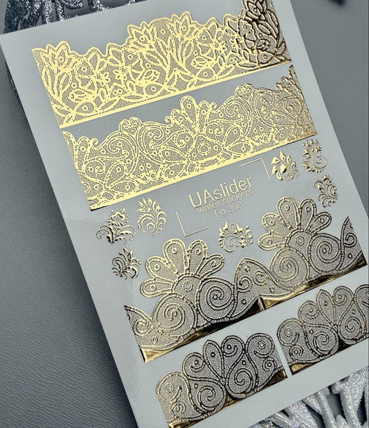 FG-308 Gold Lace Nail Art Water Decals | Luxury Metallic Foil Border Nail Stickers