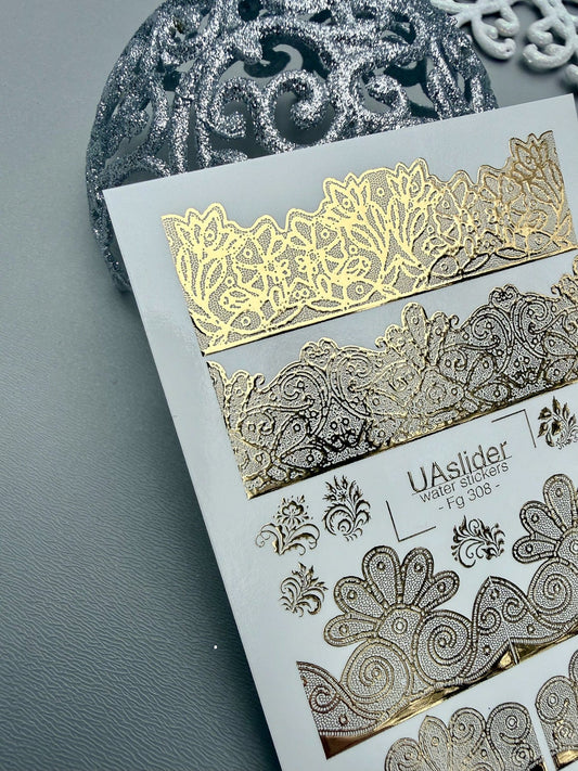 FG-308 Gold Lace Nail Art Water Decals | Luxury Metallic Foil Border Nail Stickers
