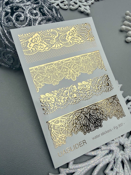 FG-307 Gold Lace Nail Art Water Decals | Luxury Metallic Foil Border Nail Stickers