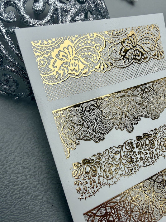 FG-307 Gold Lace Nail Art Water Decals | Luxury Metallic Foil Border Nail Stickers
