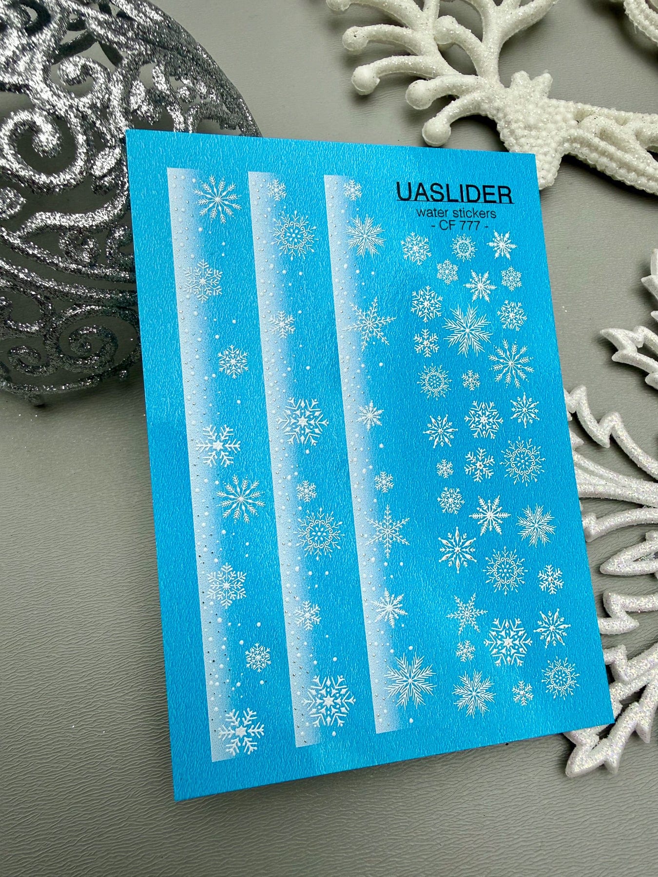 UA Slider 2D Nail Decal CF-777 Snowflakes French Gradient Stripes with Gold Foil Nail Decals
