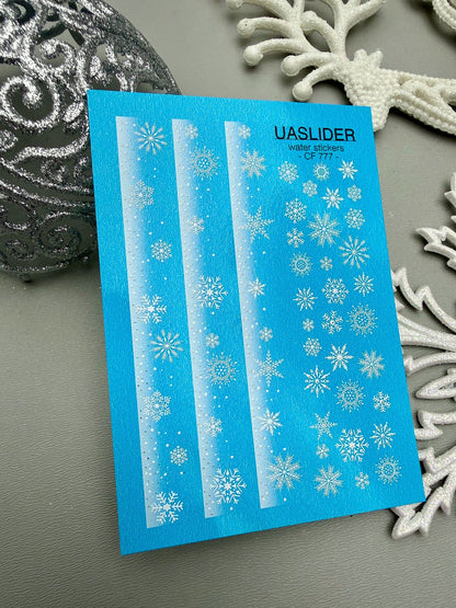 UA Slider 2D Nail Decal CF-777 Snowflakes French Gradient Stripes with Gold Foil Nail Decals