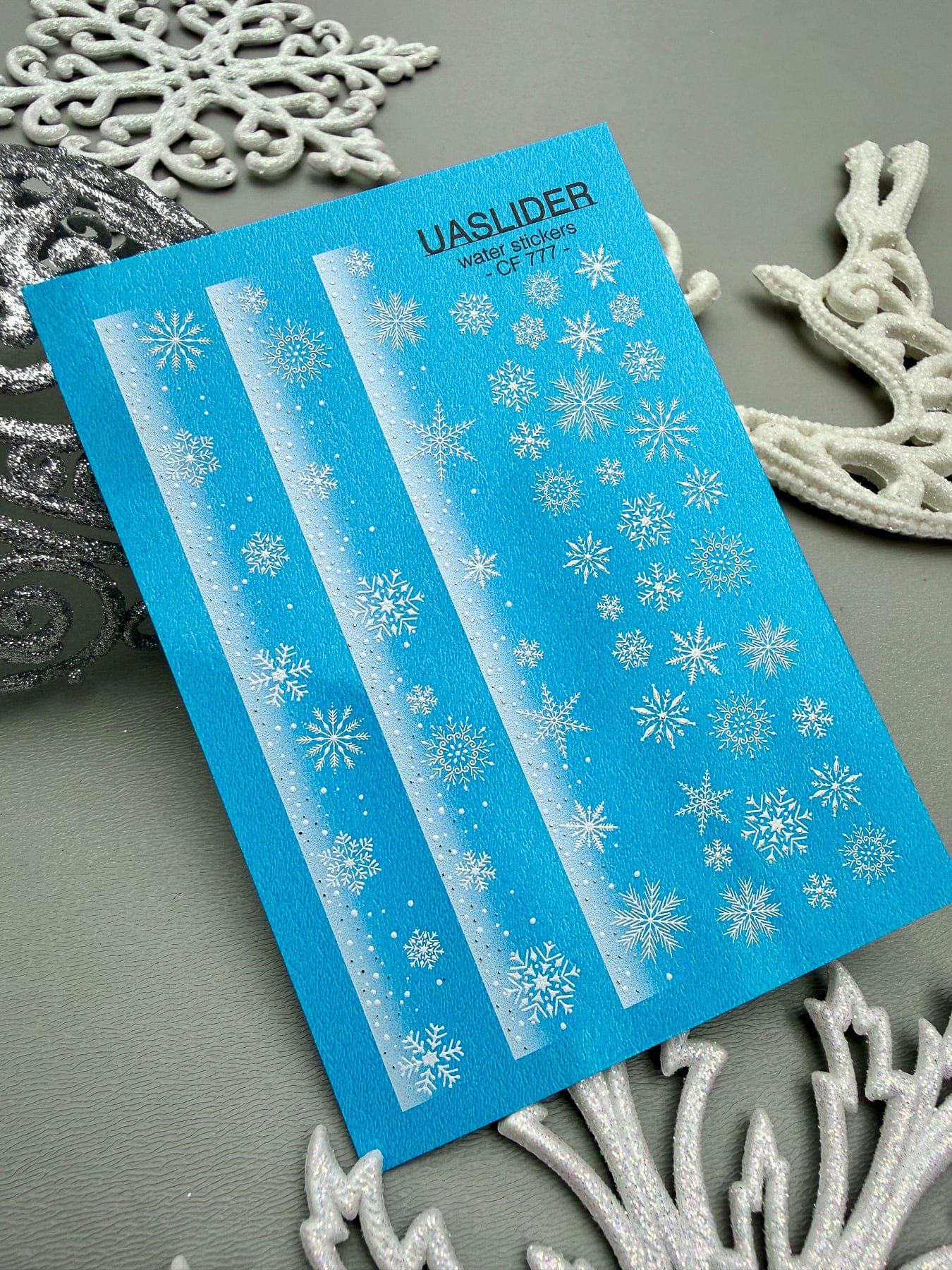 UA Slider 2D Nail Decal CF-777 Snowflakes French Gradient Stripes with Gold Foil Nail Decals